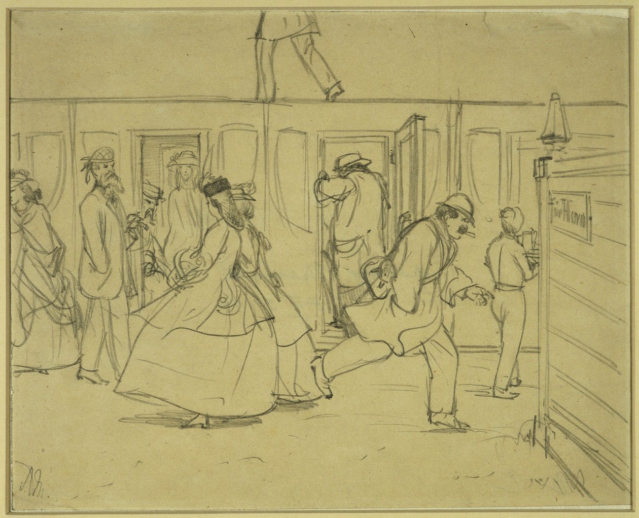 Utazók a vasútállomáson („Uraknak“) alkotó: Adolph Menzel