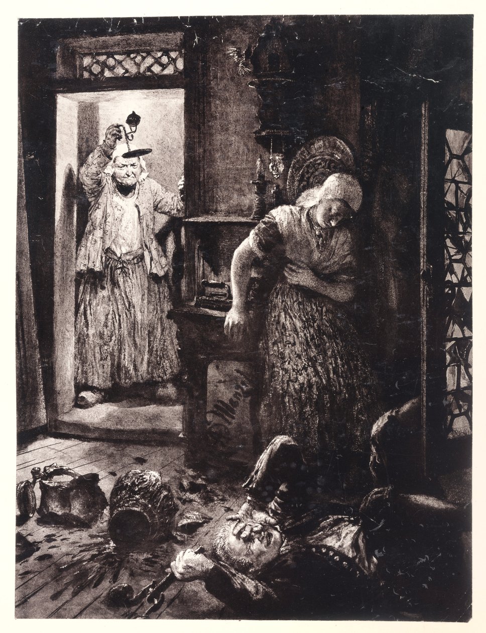 Ruprecht, kezében az ajtókilinccsel, Eva szobájának padlóján fekszik. Marthe lámpával érkezik – Heinrich von Kleist: „A törött kancsó” alkotó: Adolph Menzel