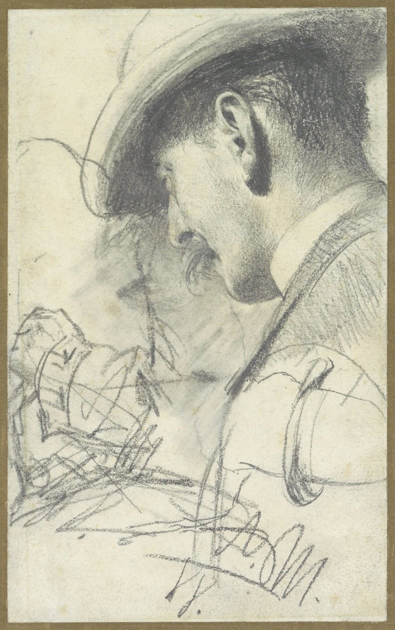 Vázlatlap egy bajuszos, sapkás úriemberrel, hátulról ferdén nézve, néhány részlet mellett alkotó: Adolph Menzel