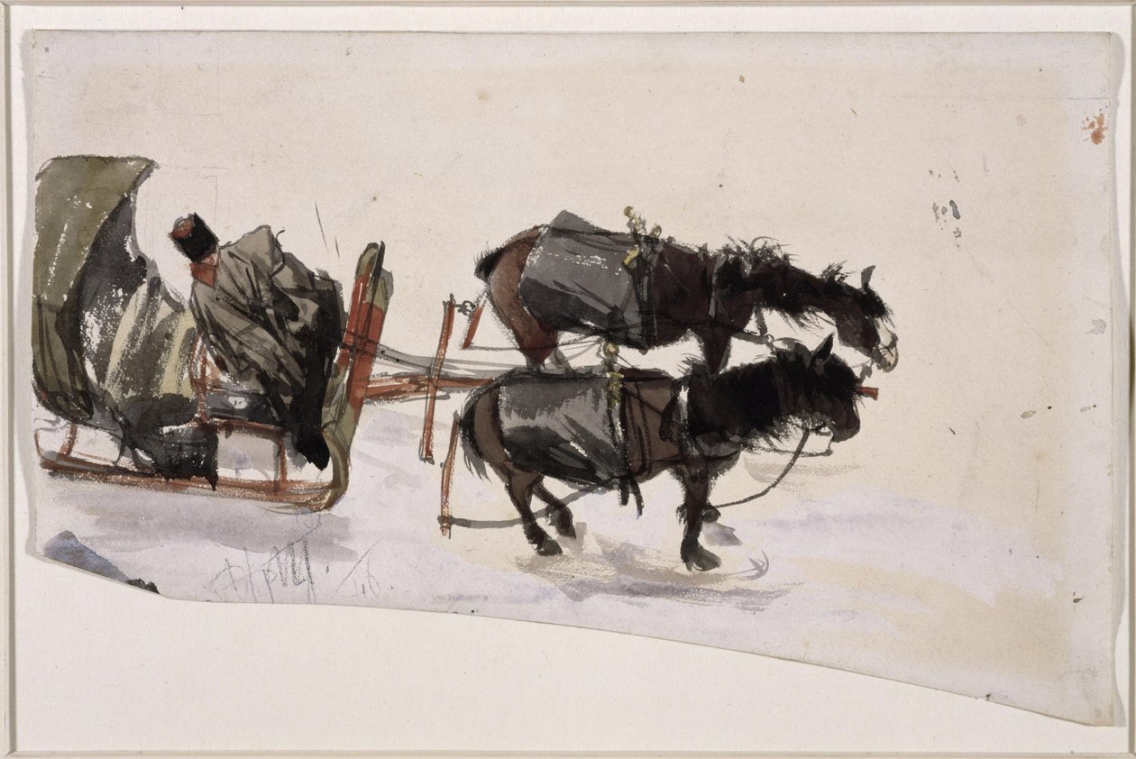 Kétlovas szánfogat kocsissal, felülnézetből alkotó: Adolph Menzel