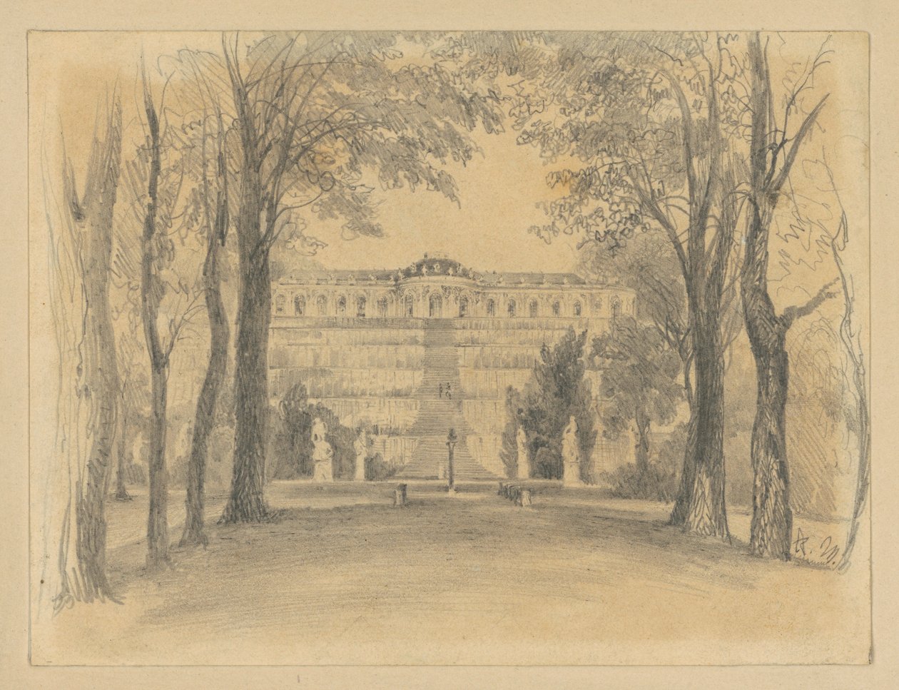 A Sanssouci-kastély a teraszokkal és a szökőkúttal alkotó: Adolph Menzel