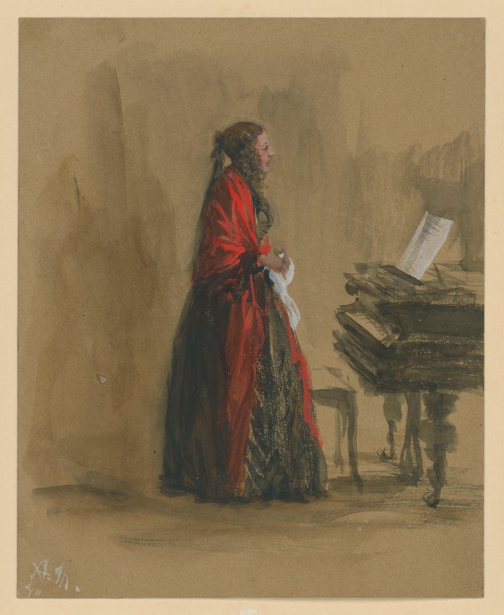 Éneklő nő, zongora mellett állva, jobbra néző profilban alkotó: Adolph Menzel