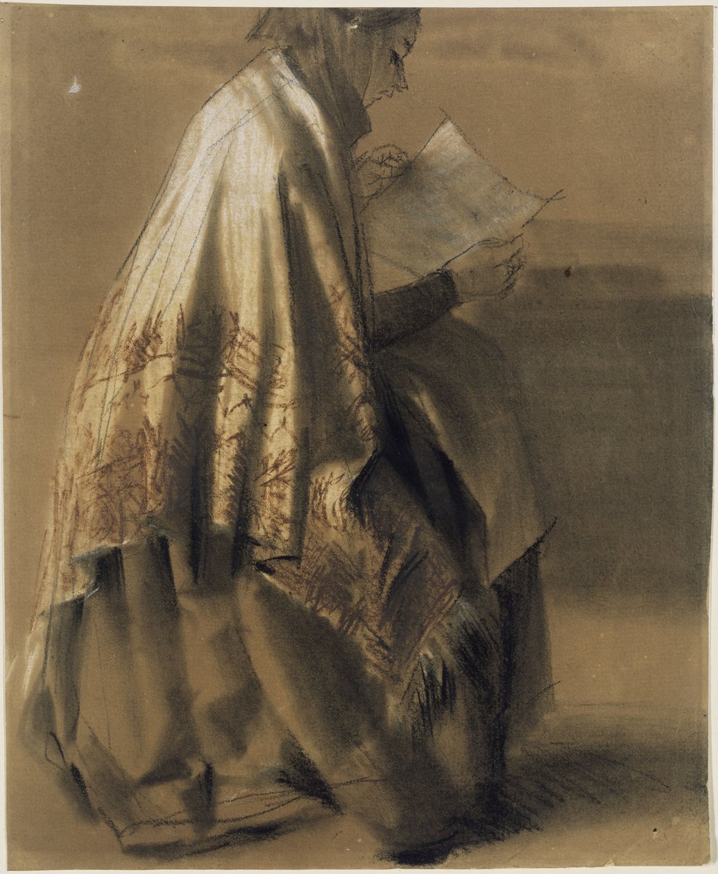 Ülő, olvasó nő, széles kendőben alkotó: Adolph Menzel