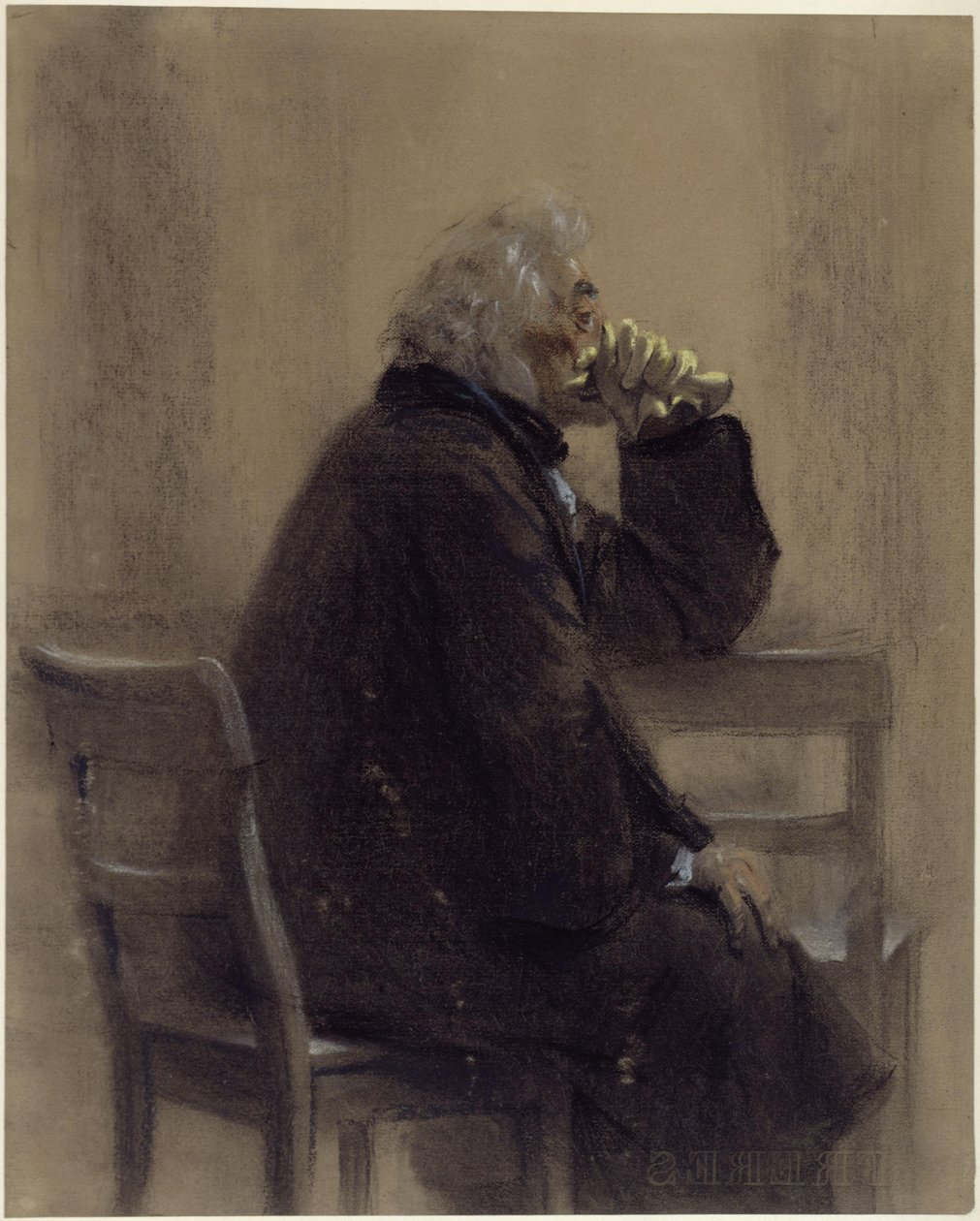 Ülő idős úr felöltőben és kesztyűben, térdkép, jobbra néző profil alkotó: Adolph Menzel
