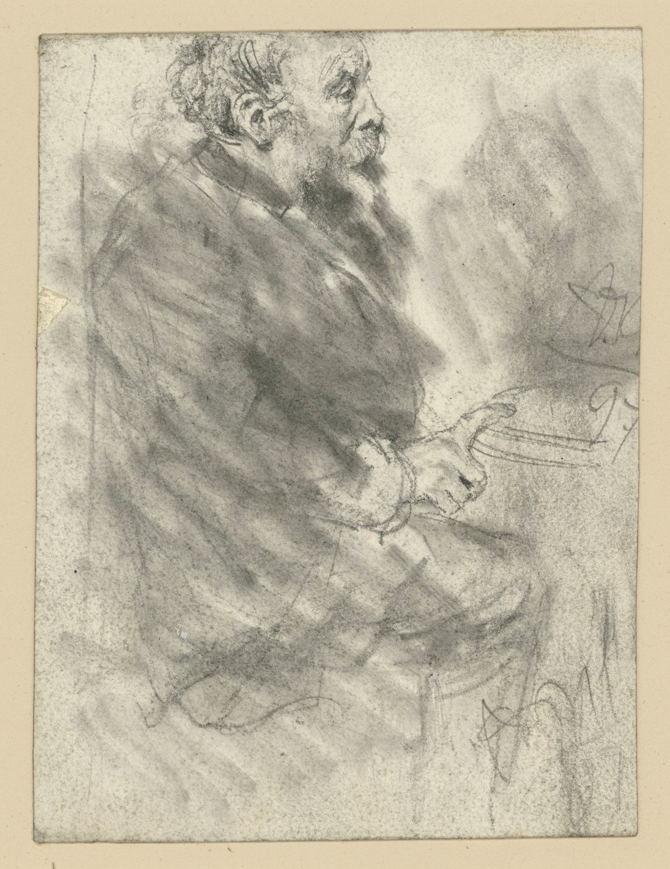 Ülő, szakállas férfi, jobbra néz, jobb kezének mutatóujját kinyújtva az asztallapon tartja alkotó: Adolph Menzel