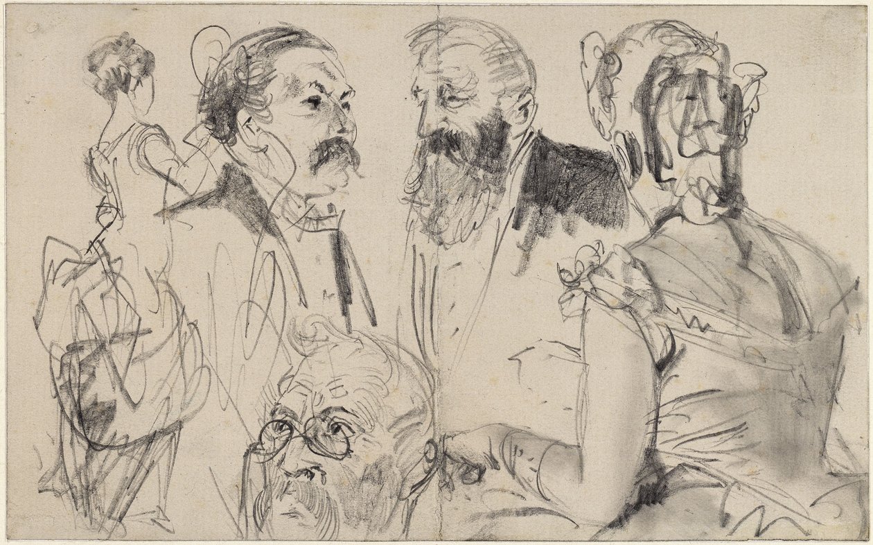 Vázlatlap három férfifejjel és egy előkelő társaság két női hátulnézeti alakjával alkotó: Adolph Menzel