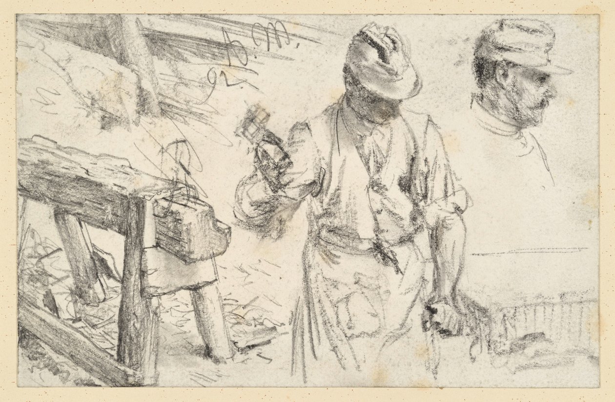 Dolgozó kőfaragó, műhelybak és részletek alkotó: Adolph Menzel