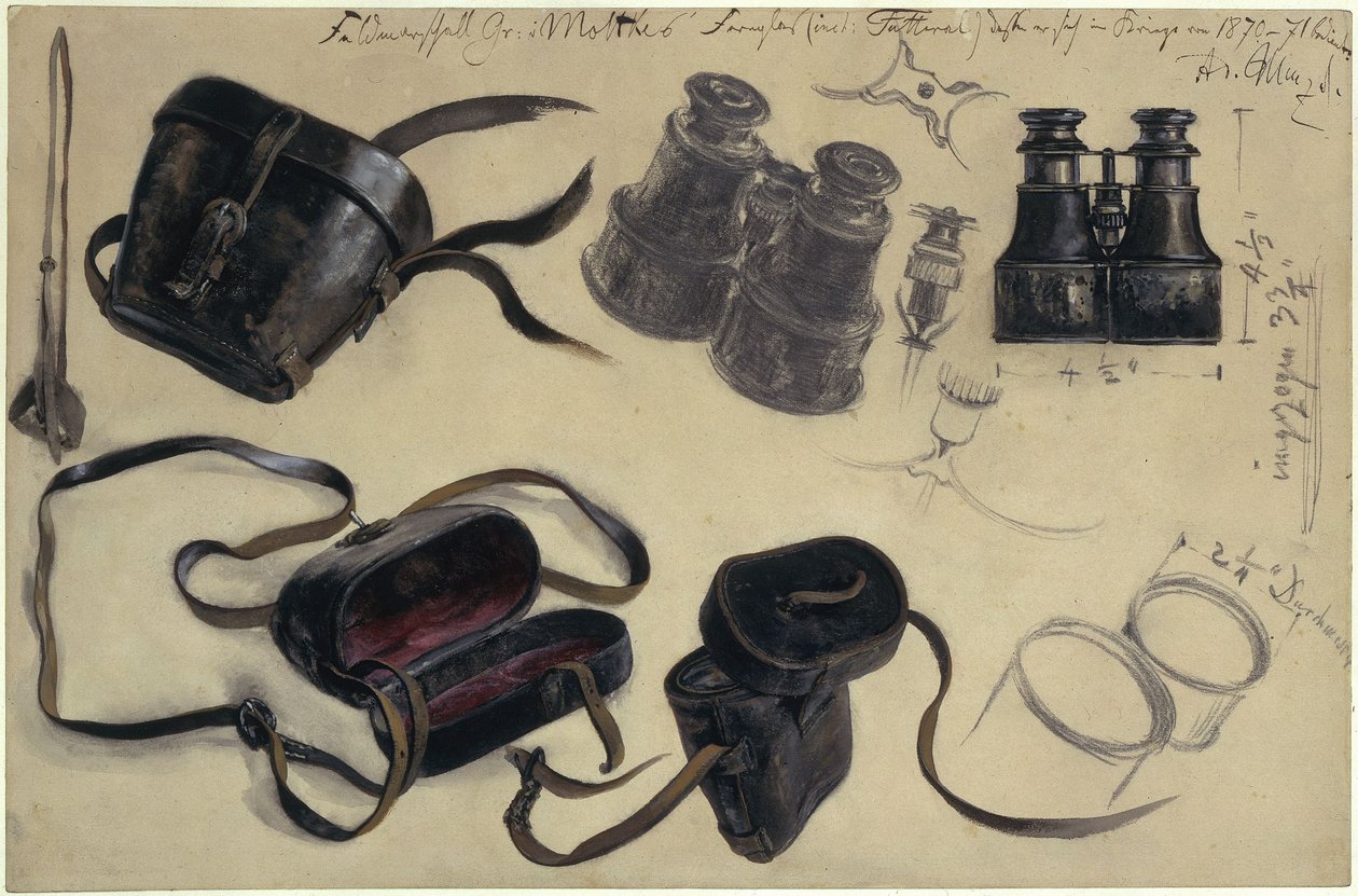 Tanulmány Moltke gróf tábornagy távcsövéről, tokja és részletei, jegyzetekkel alkotó: Adolph Menzel
