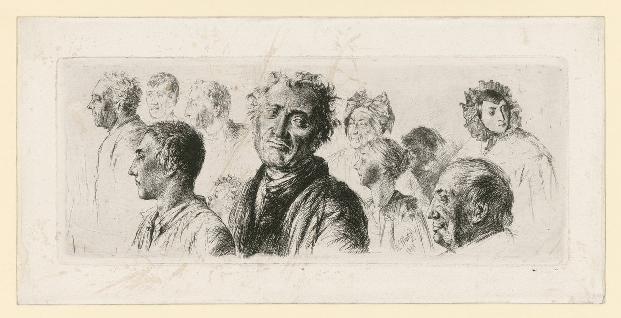 Egy elmegyógyintézetből származó vázlatlap. Tíz fej, többségük balra néz alkotó: Adolph Menzel