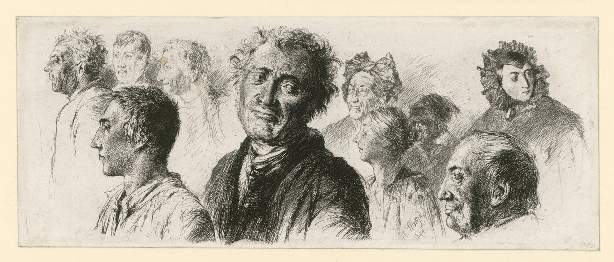 Egy elmegyógyintézetből származó vázlatlap. Tíz fej, többségük balra néz alkotó: Adolph Menzel