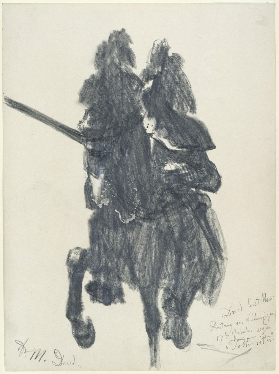 „Halál lovagja”. A 16. század végéről származó, tornapáncélban ábrázolt lovasfigura lándzsával a drezdai Történeti Múzeumban alkotó: Adolph Menzel