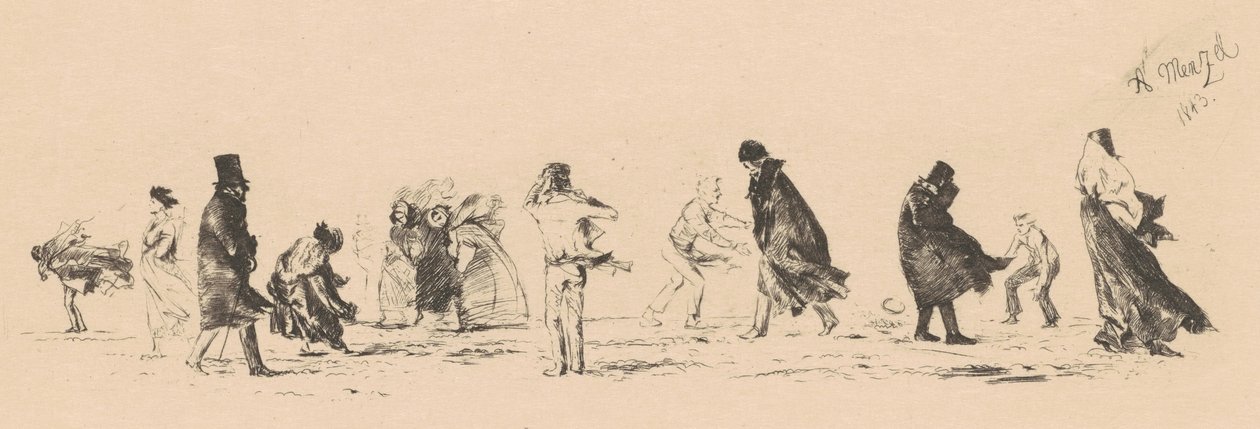 Cím nélkül (Alakok erős szélben) alkotó: Adolph Menzel