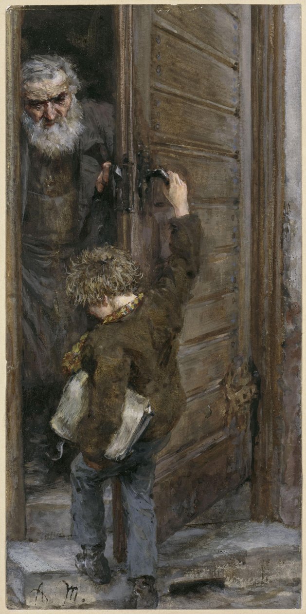Apa és fia az ajtónál. A „Gyermekalbumból” alkotó: Adolph Menzel