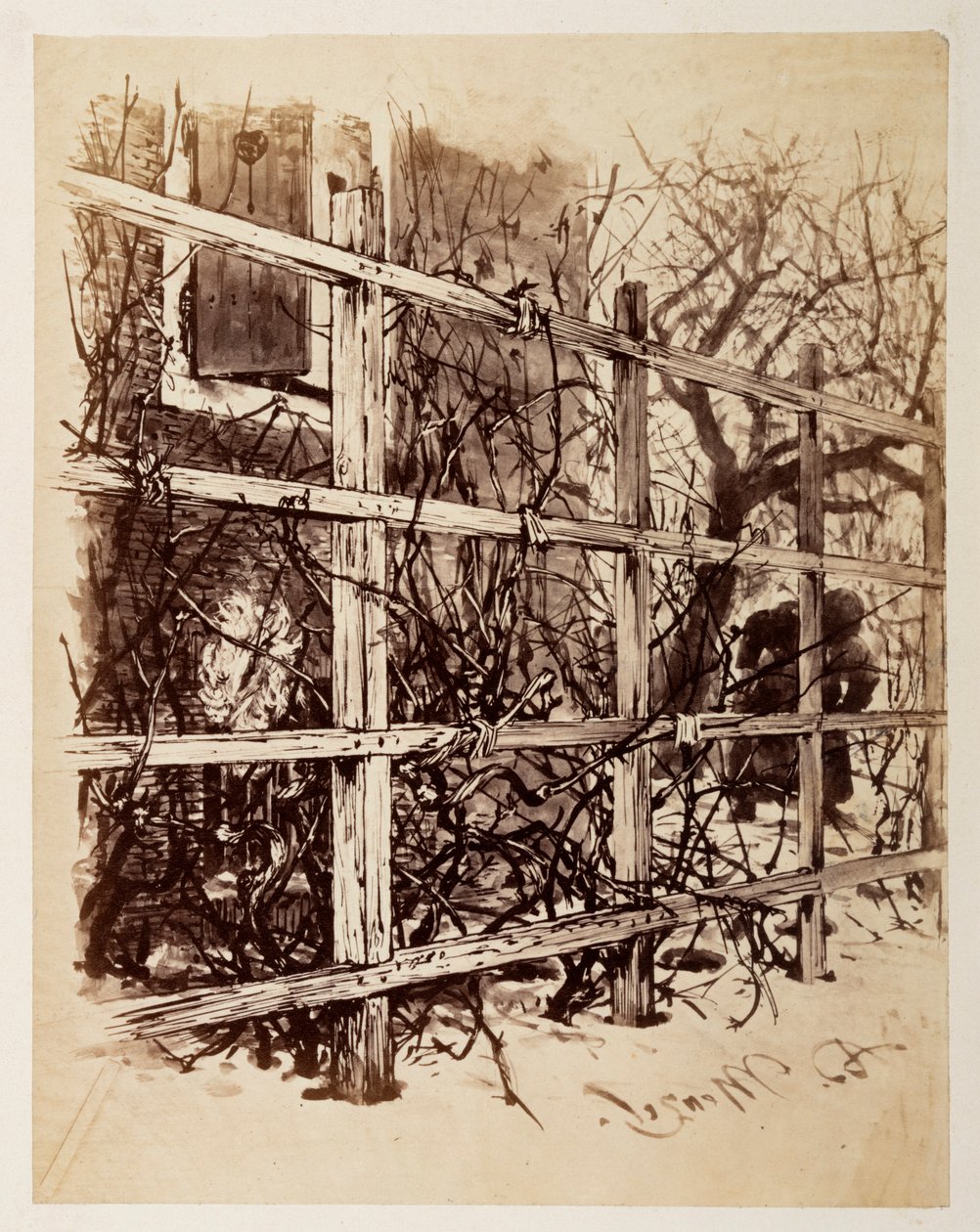 Egy ház előtt egy rács, amelyen egy paróka lóg, Heinrich von Kleist „A törött kancsó” című művéhez alkotó: Adolph Menzel