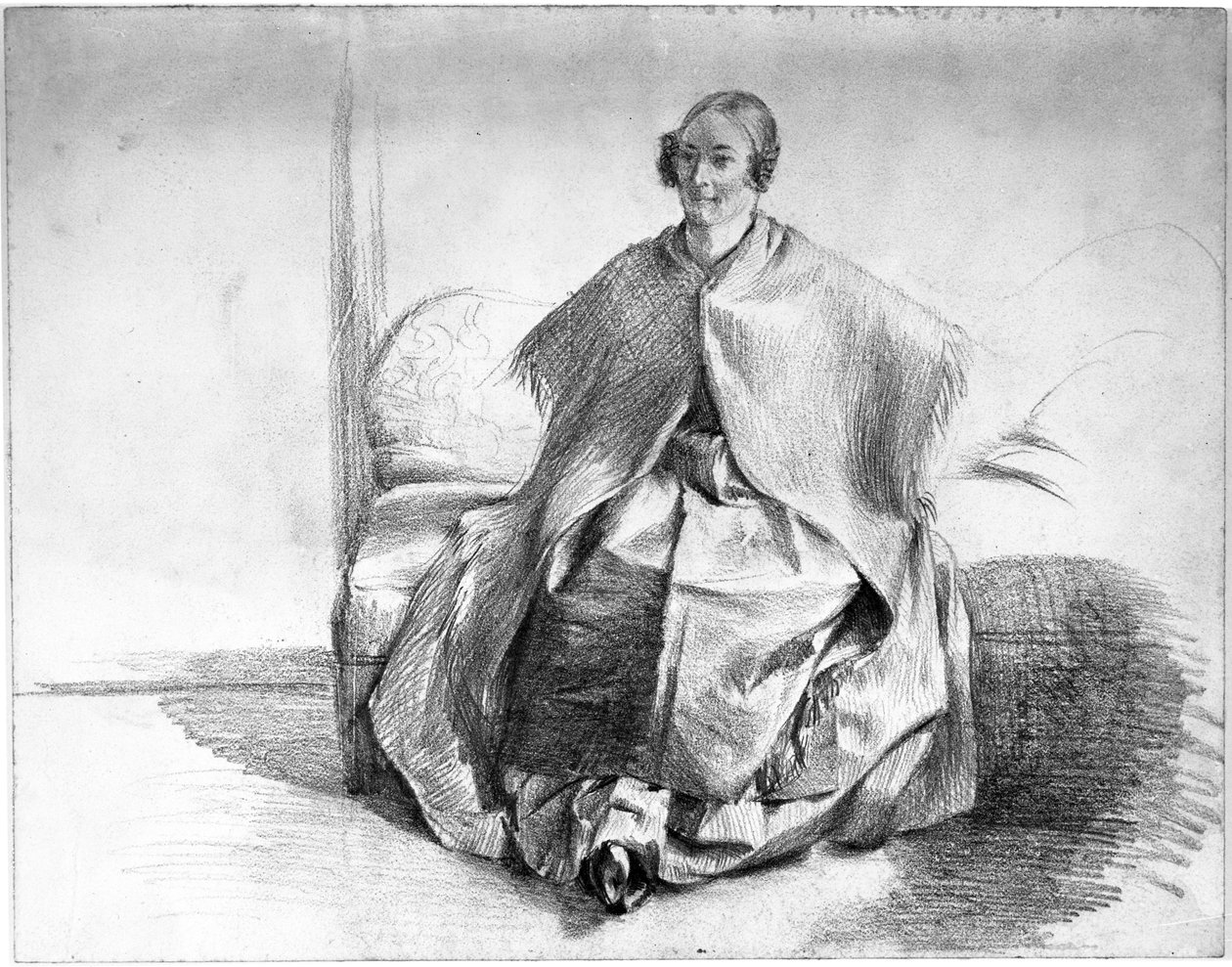 Női jelmezfigura kendővel, kanapén ülve alkotó: Adolph Menzel