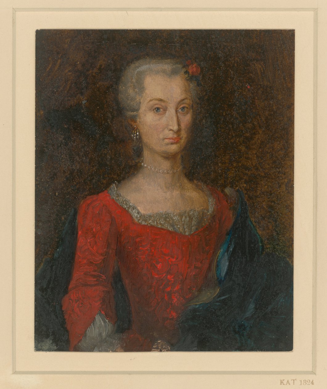 Női mellkép vörös ruhában, kék köpennyel alkotó: Adolph Menzel