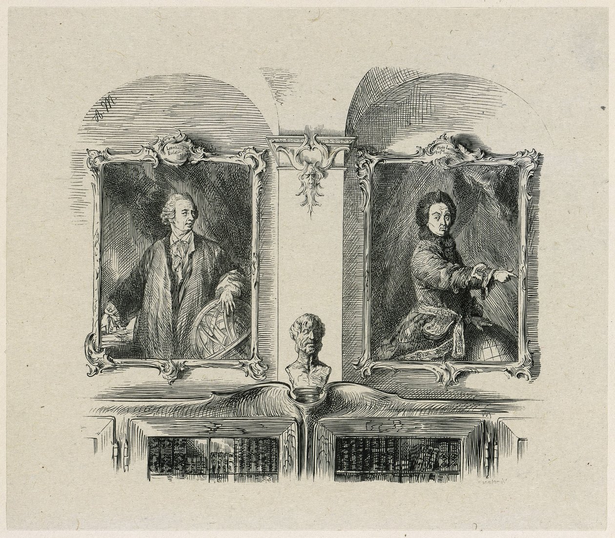 Nagy Frigyes művei. Leonhard Euler és Pierre-Louis de Maupertuis alkotó: Adolph Menzel