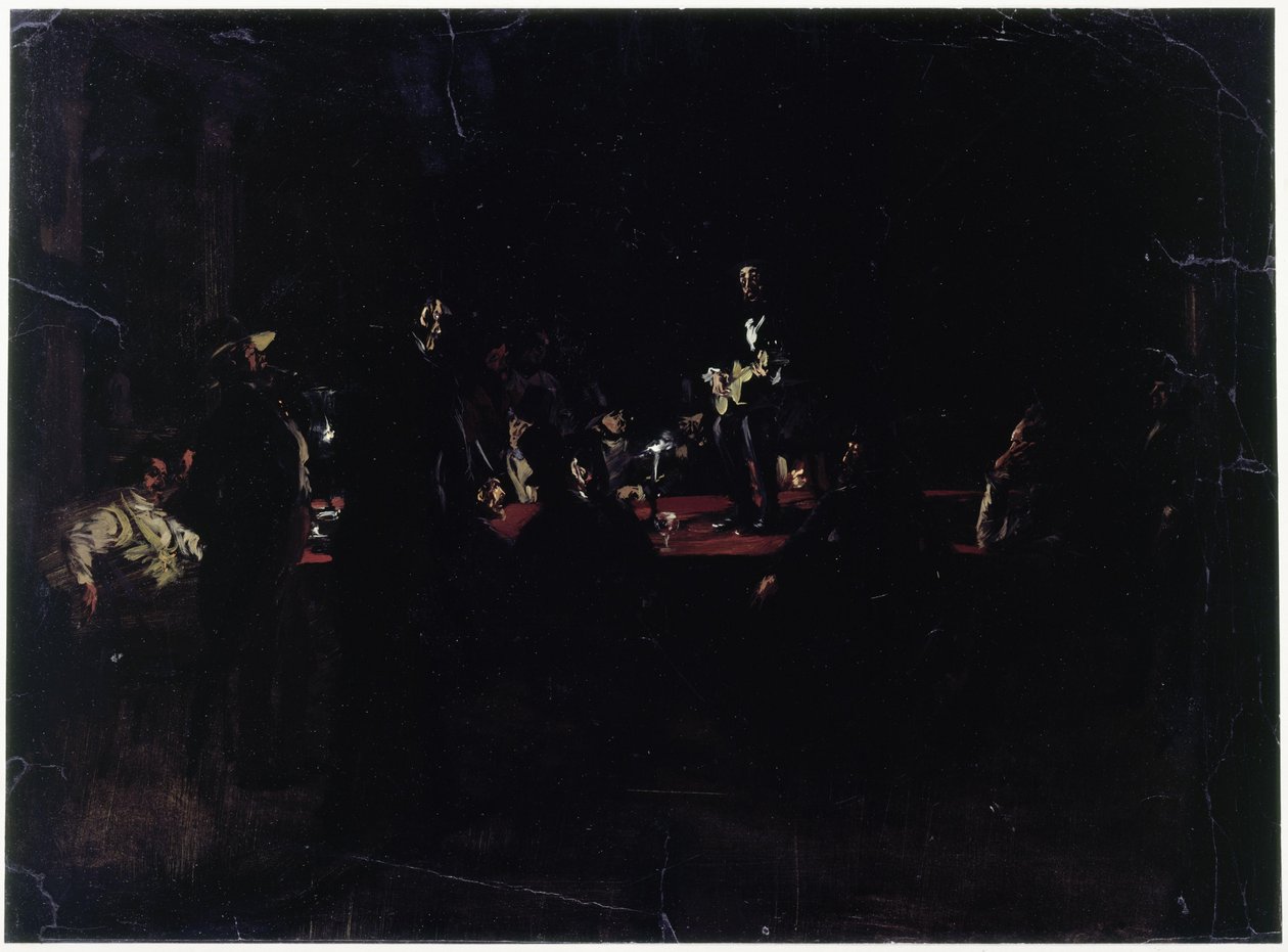 Buli egy nagy asztal körül és egy énekes alkotó: Adolph Menzel