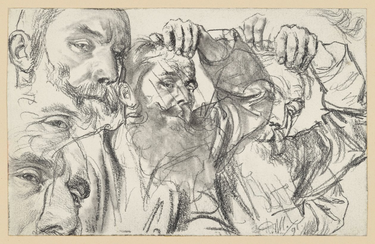 Két vázlat egy szakállas férfiról, aki bal kezével a homlokát simogatja; az arc kétszer ismétlődik alkotó: Adolph Menzel