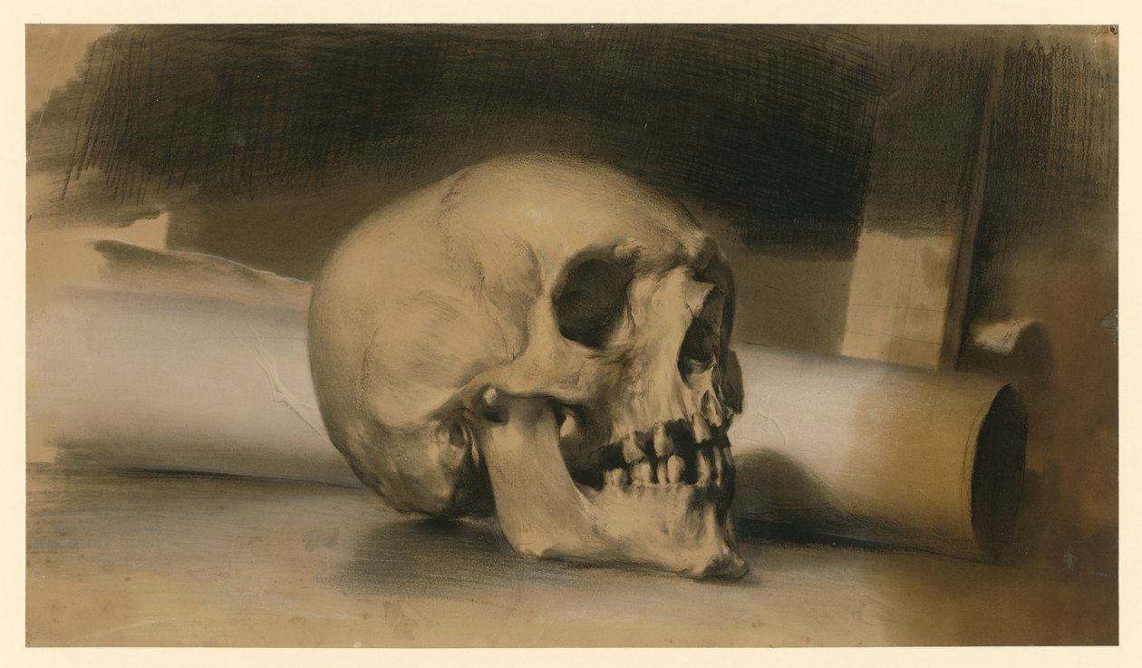 emberi koponya jobbra, mögötte papírtekercs alkotó: Adolph Menzel