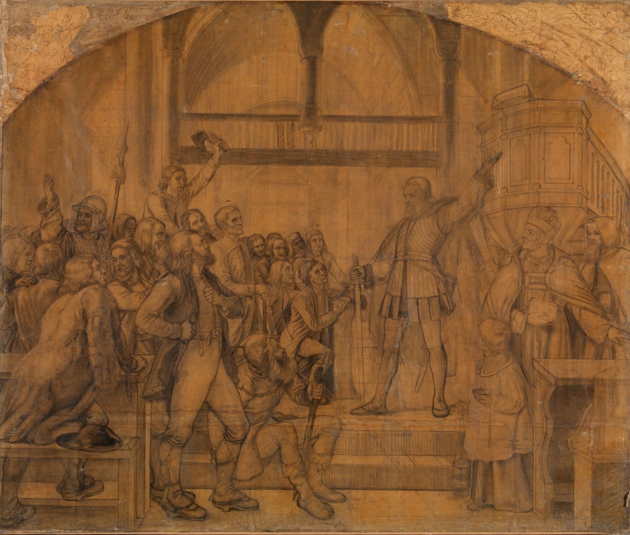 Gustav Vasa beszédet mond Dalarna népéhez a morai templomban alkotó: Adolph Tidemand