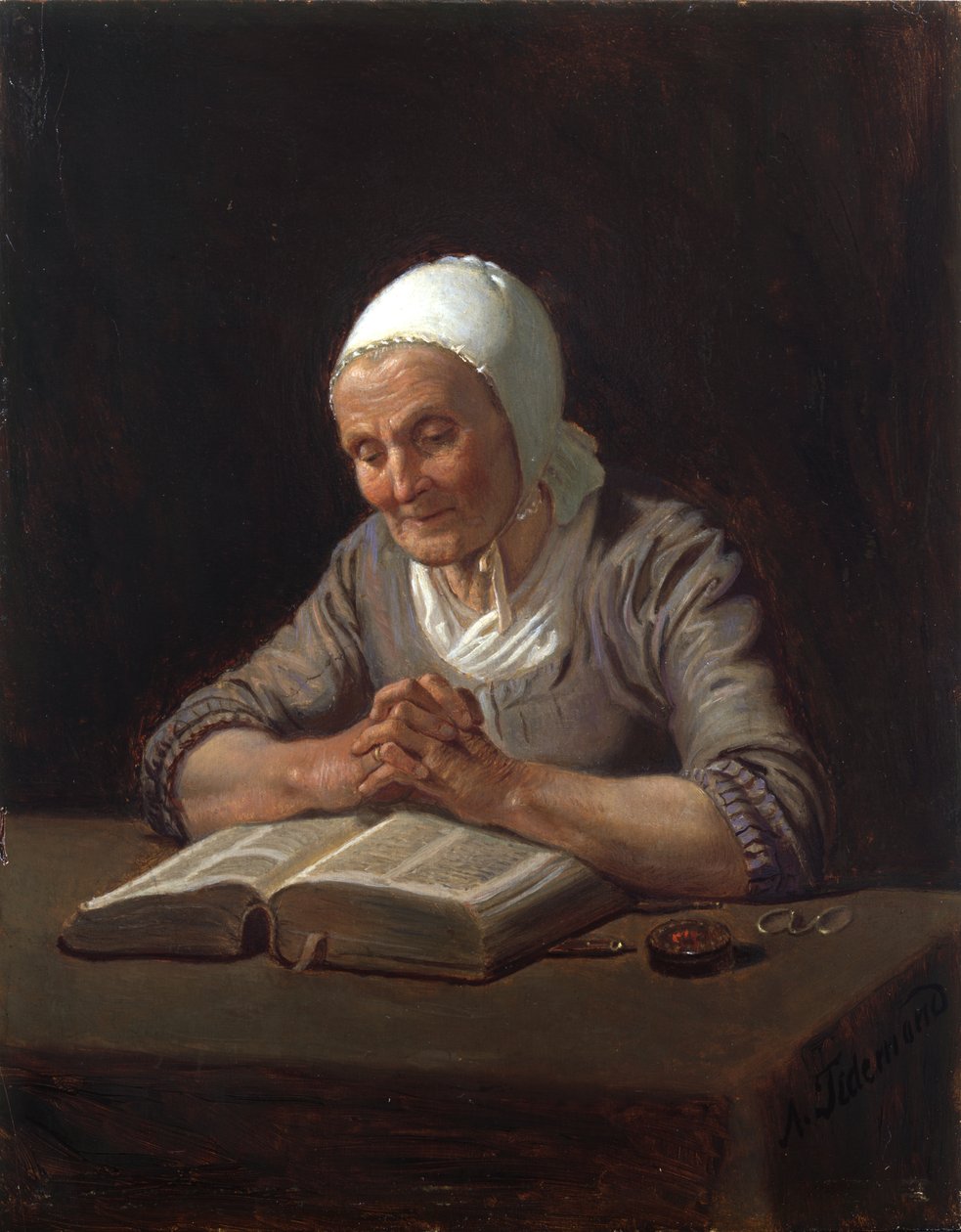 Olvasó öregasszony (olaj a panelen) alkotó: Adolph Tidemand