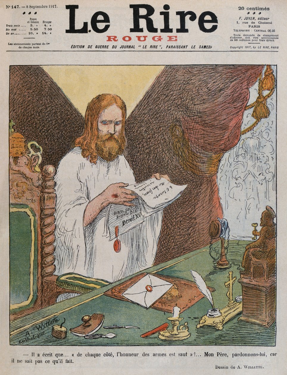 Jézus Krisztus olvassa a XV. Benedek pápa által kiadott béketervet, az előlap illusztrációja a „Le Rire Rouge”-ból, 1917. szeptember 8. alkotó: Adolphe Leon Willette