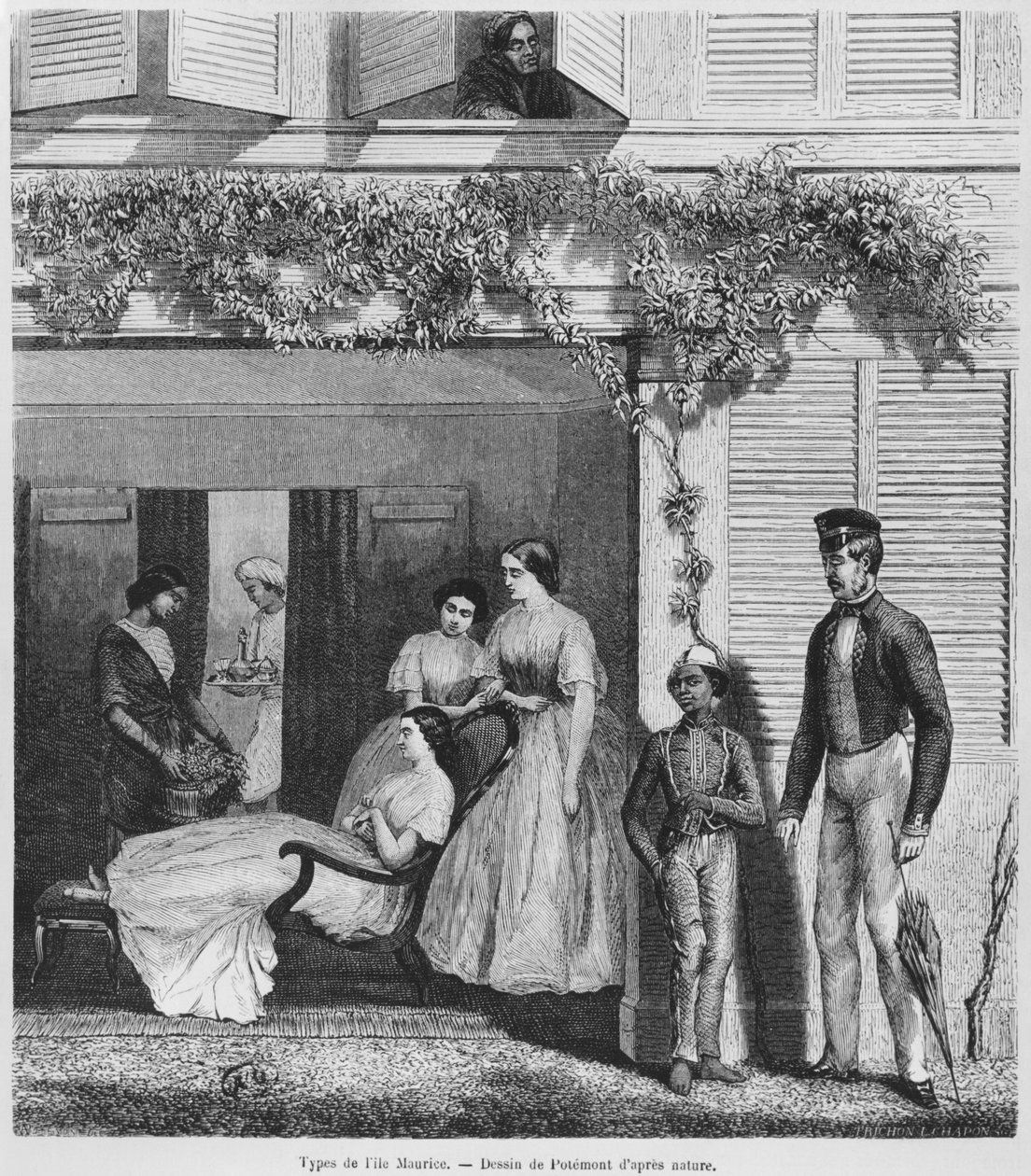 Európai emberek és Mauritius lakói, 1857 körül (bw metszet) alkotó: Adolphe Martial Potemont