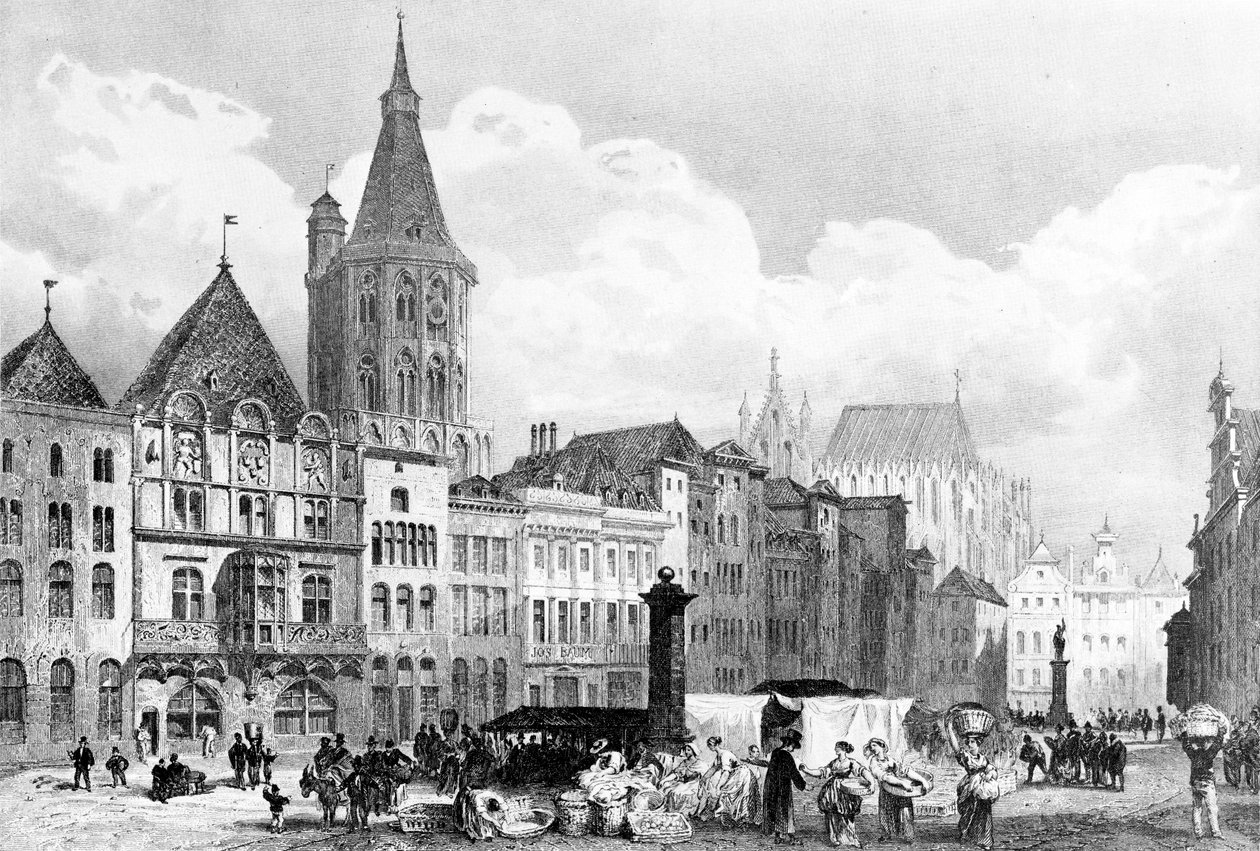 Alter Markt (Köln) városházával és városháza toronnyal. A háttérben a még befejezetlen kölni székesegyház alkotó: Adolphe Rouargue