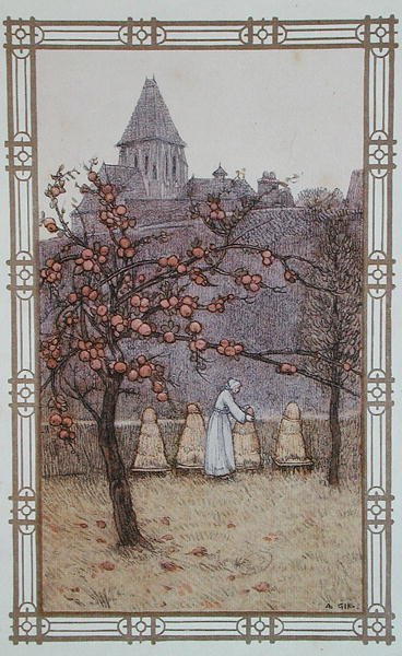 Méhész ellenőrzi méhcsaládjait, illusztráció a "La Vie des Abeilles" című, Párizsban kiadott könyvből. alkotó: Adolphe (after) Giraldon