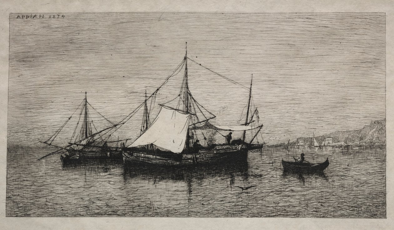 Az olaszországi kabotázspartok hajói, 1874. alkotó: Adolphe Appian