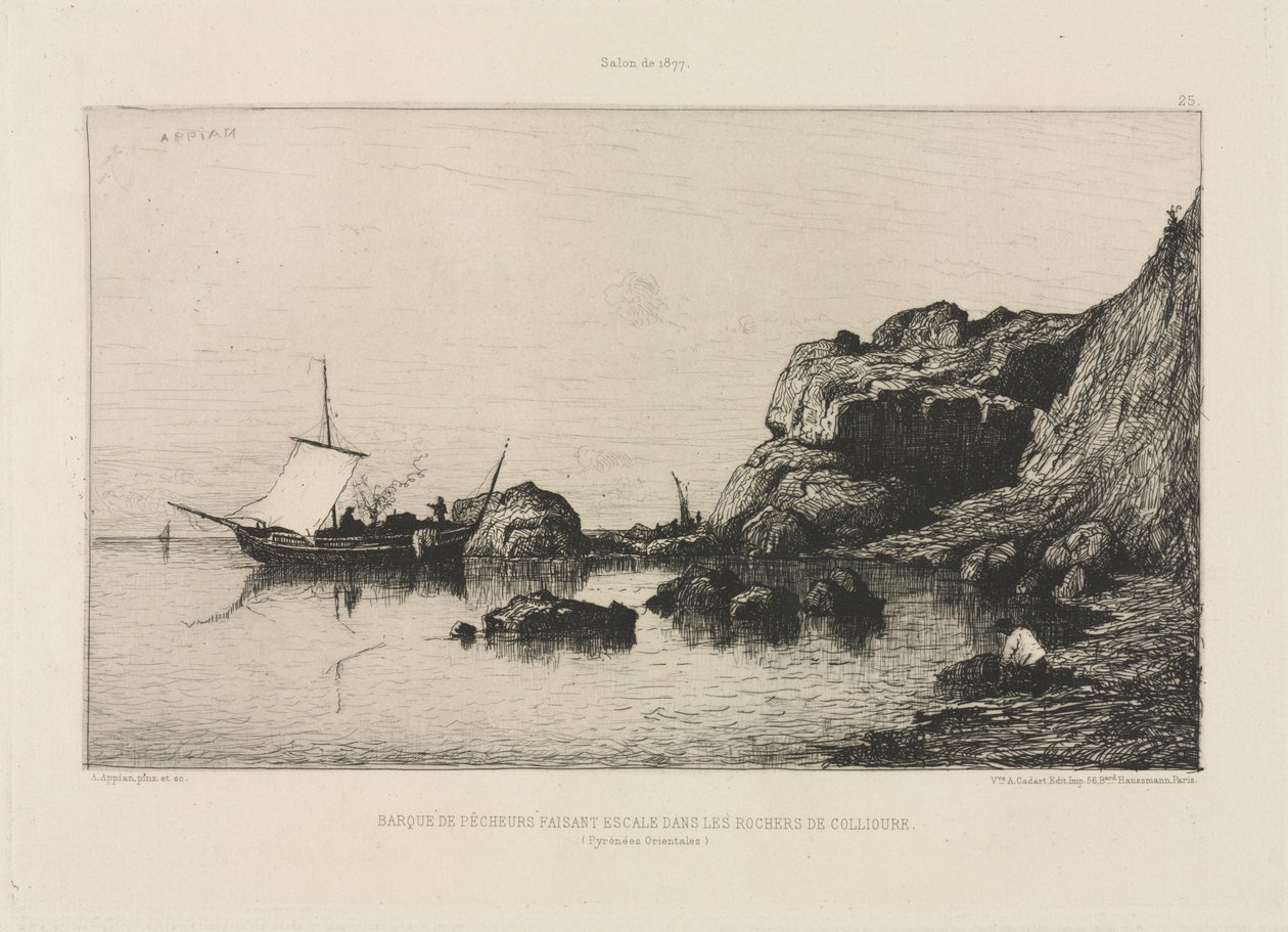 Halászhajó kikötőt készít Collioure szikláinál alkotó: Adolphe Appian