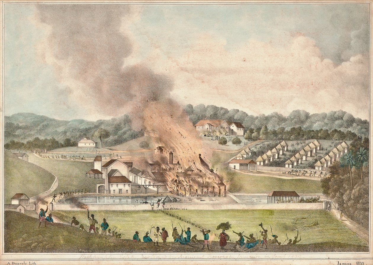 A Roehampton Estate elpusztítása a St. James plébánián 1832 januárjában, 1833 alkotó: Adolphe Duperly