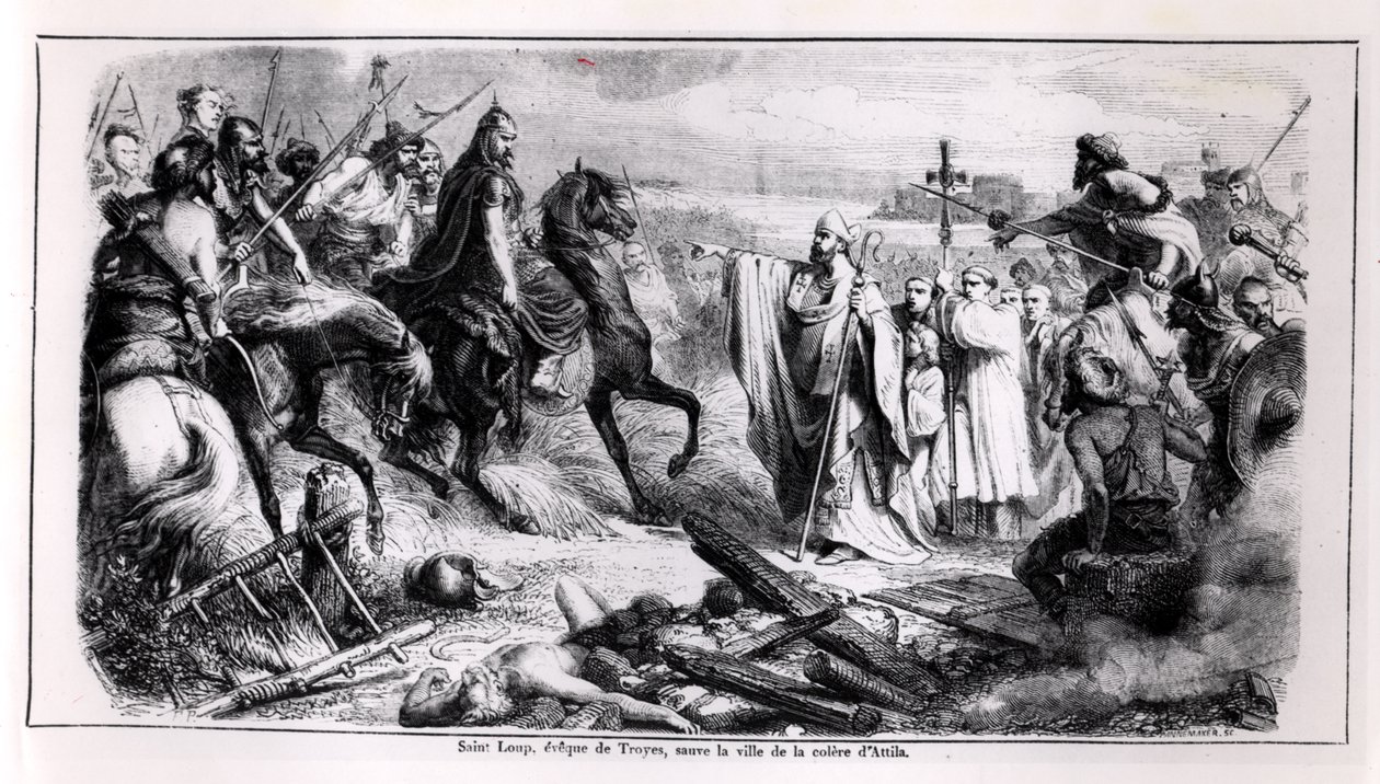 Szent Loup lóháton védi Troyes városát Attila hun (406-453 körül) ellen, illusztráció Franciaország történetéből, 19. század 2. fele (fekete-fehér fotó). alkotó: Adolphe Francois Pannemaker