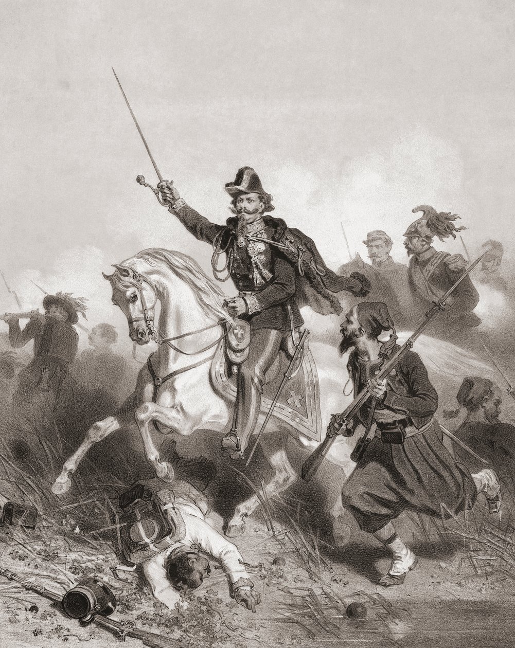 Viktor Emmánuel király a palesztrói csatában (nyomtatás) alkotó: Adolphe Jean Baptiste (after) Bayot