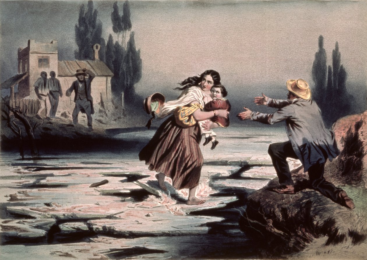 Eliza átkel az Ohio folyó jégtábláin a szabadság felé, illusztráció Harriet Beecher Stowe „Tom bácsi kabinjából”, Charles Bour (1814-81) metszet (litho) (lásd még: 90903) alkotó: Adolphe Jean Baptiste (after) Bayot