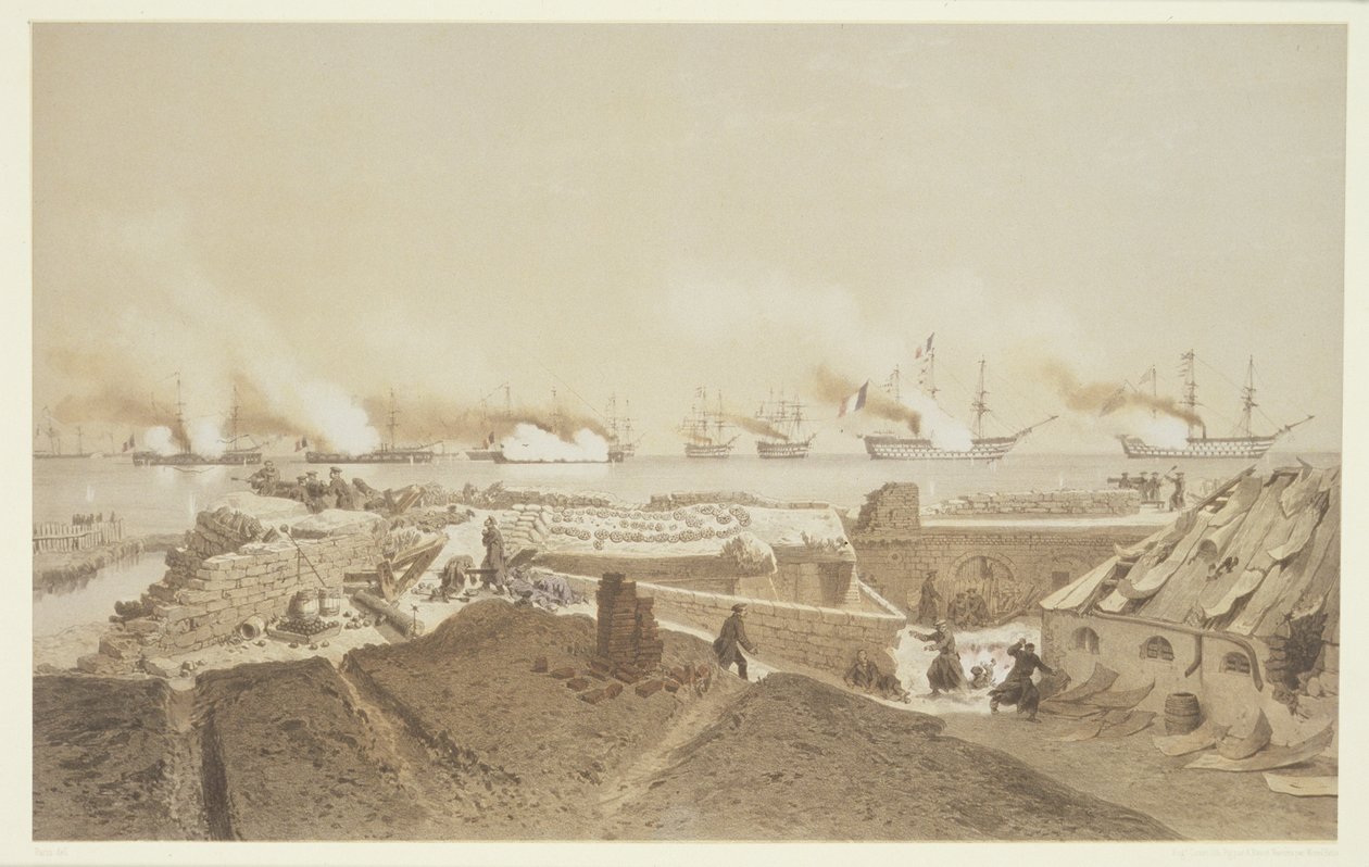 Kil-Bouroun bombázása a Dnyeper folyó torkolatánál a francia flotta által, a Nos Souvenirs de Kil-Bouroun medálból LHiver passe dans Le Liman du Dnyeper, 1855-56, metszet: Eugene Ciceri (1 alkotó: Adolphe Jean Baptiste Bayot and Antoine Leon Morel Fatio