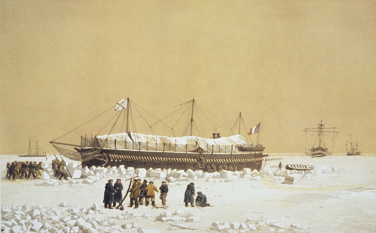 La Tonnante úszó üteg a jégben Kil-Bouroun előtt, a Nos Souvenirs de Kil-Bourounból az LHiver passe dans Le Liman du Dnieper alatt, 1855-56, vésette Eugene Ciceri (1813-90) megjelent 18 körül alkotó: Adolphe Jean Baptiste Bayot and Antoine Leon Morel Fatio