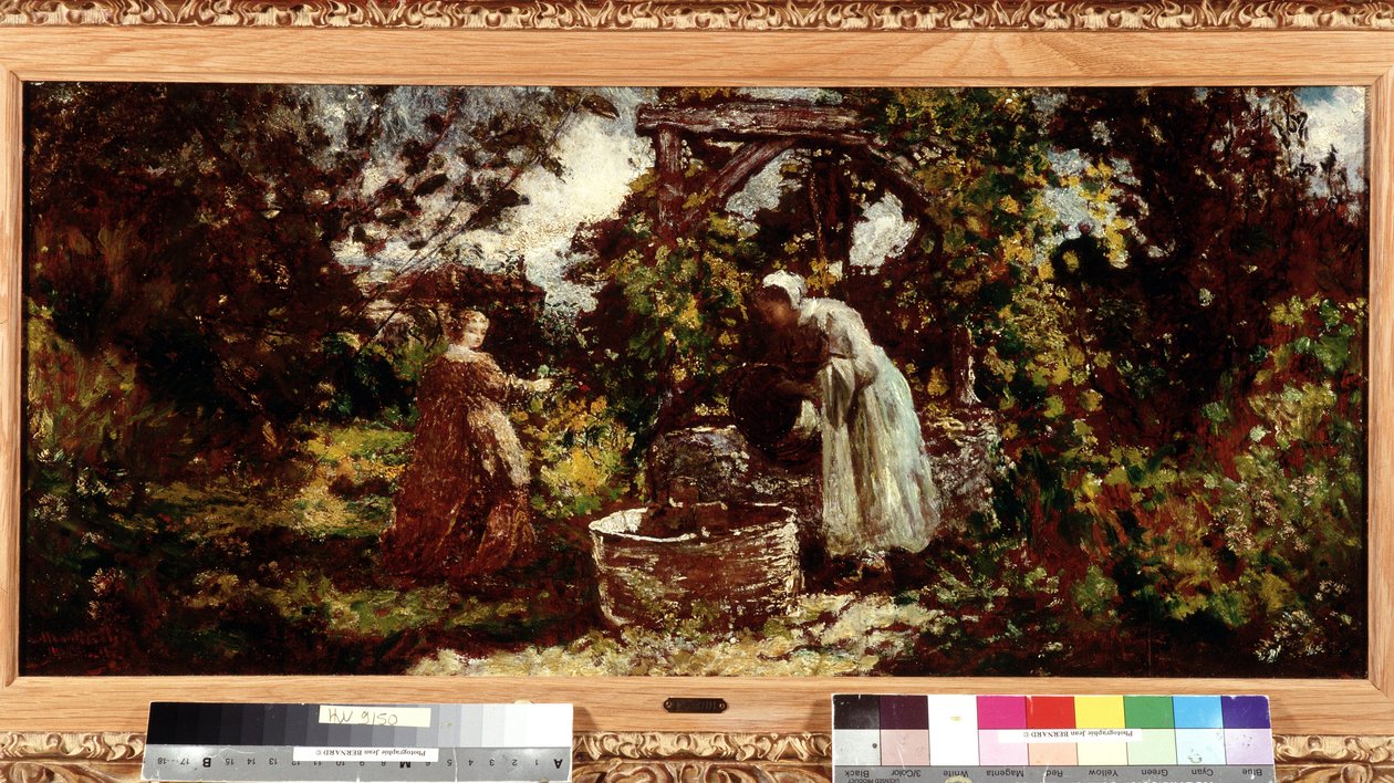 Elegánsnő és szobalánya a kútnál Adolphe Monticelli (1824-1886) festménye Dim. 34,5x69,5 cm Kötelező megemlítés: Gyűjtemény alapítványi üdvözlete Provence, Marseille alkotó: Adolphe Joseph Thomas Monticelli