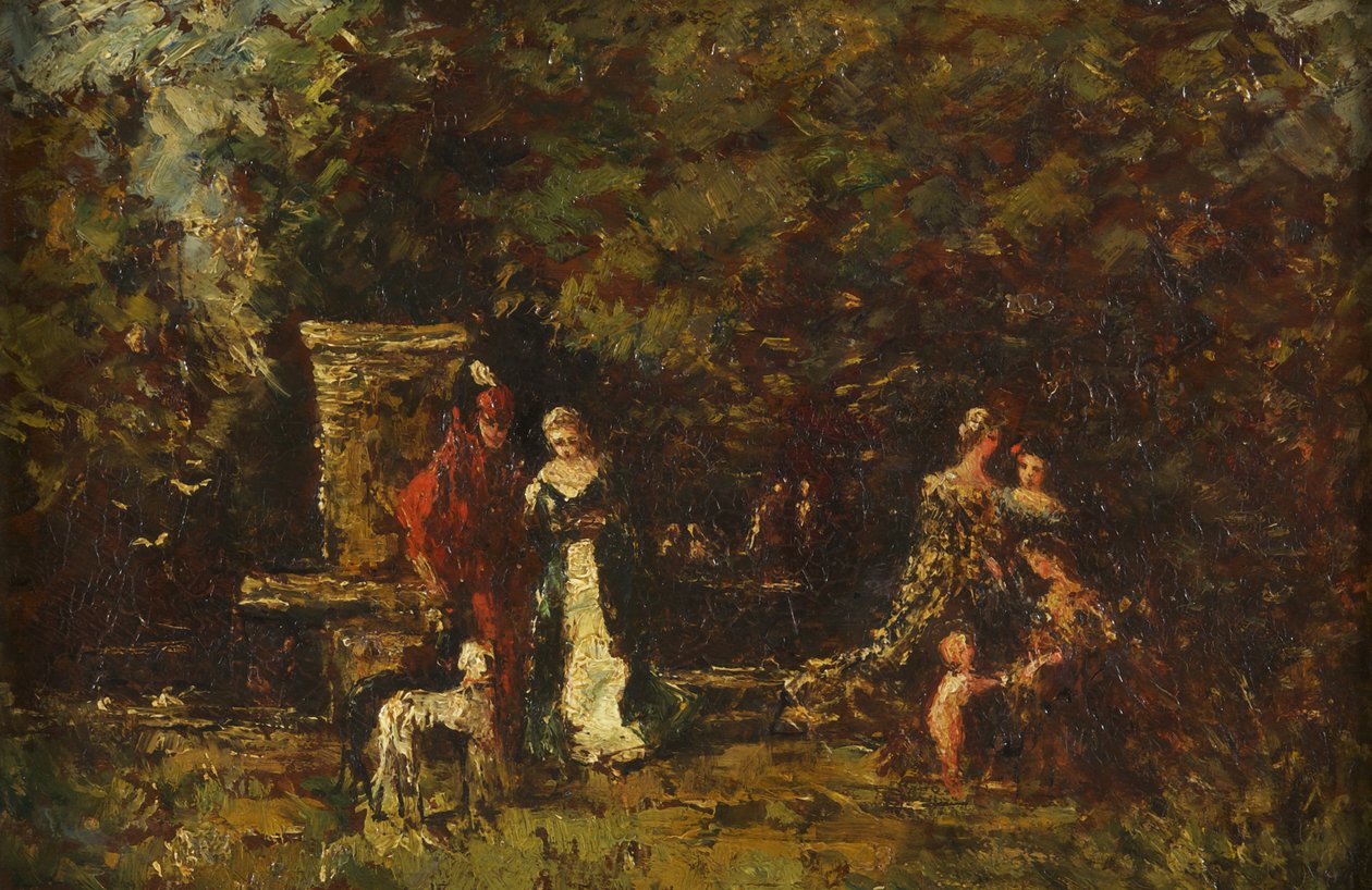 Elegáns figurák egy erdei tisztásban, 1860-80 körül (olaj, panel) alkotó: Adolphe Joseph Thomas Monticelli