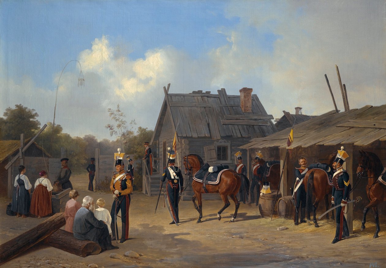 Adolphe Ladurner (1798-1856) festménye ""Katonák bivakja egy faluban"" alkotó: Adolphe Ladurner