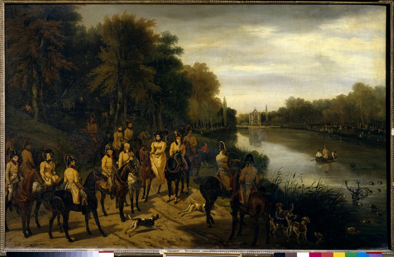 Vadászat: „Vadászat Comelles-tavakon”” Adolphe Ladurner (1798-1856) festménye 1829 V. 0,82x1,3 m Chantilly, Gróf Múzeum alkotó: Adolphe Ladurner