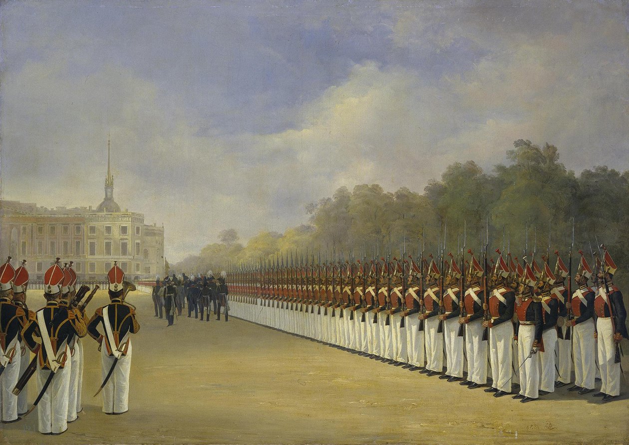 A Pavlovszkij-őrezred felvonulása a Mars mezején Szentpéterváron, 1830-as évek alkotó: Adolphe Ladurner