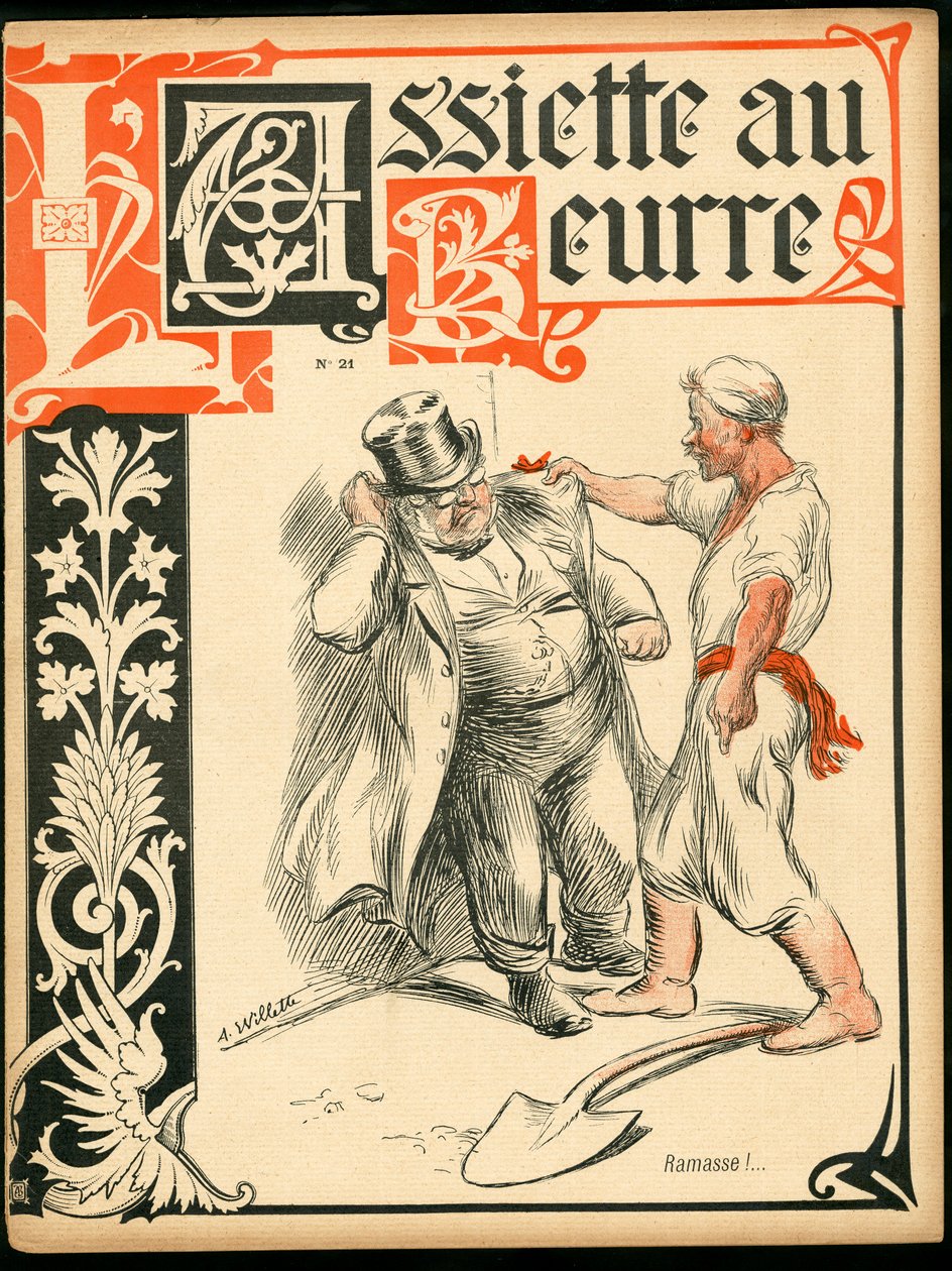 A „” L’Plate au beurre” borítója, 21. szám, Szatirikus színekben alkotó: Adolphe Leon Willette
