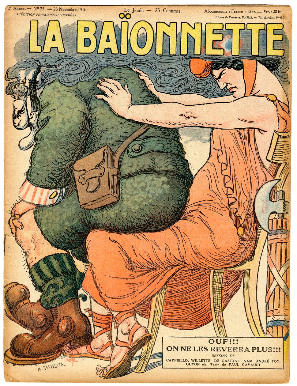 A „La Baionnette” címlapja, színekben szatirikus alkotó: Adolphe Leon Willette