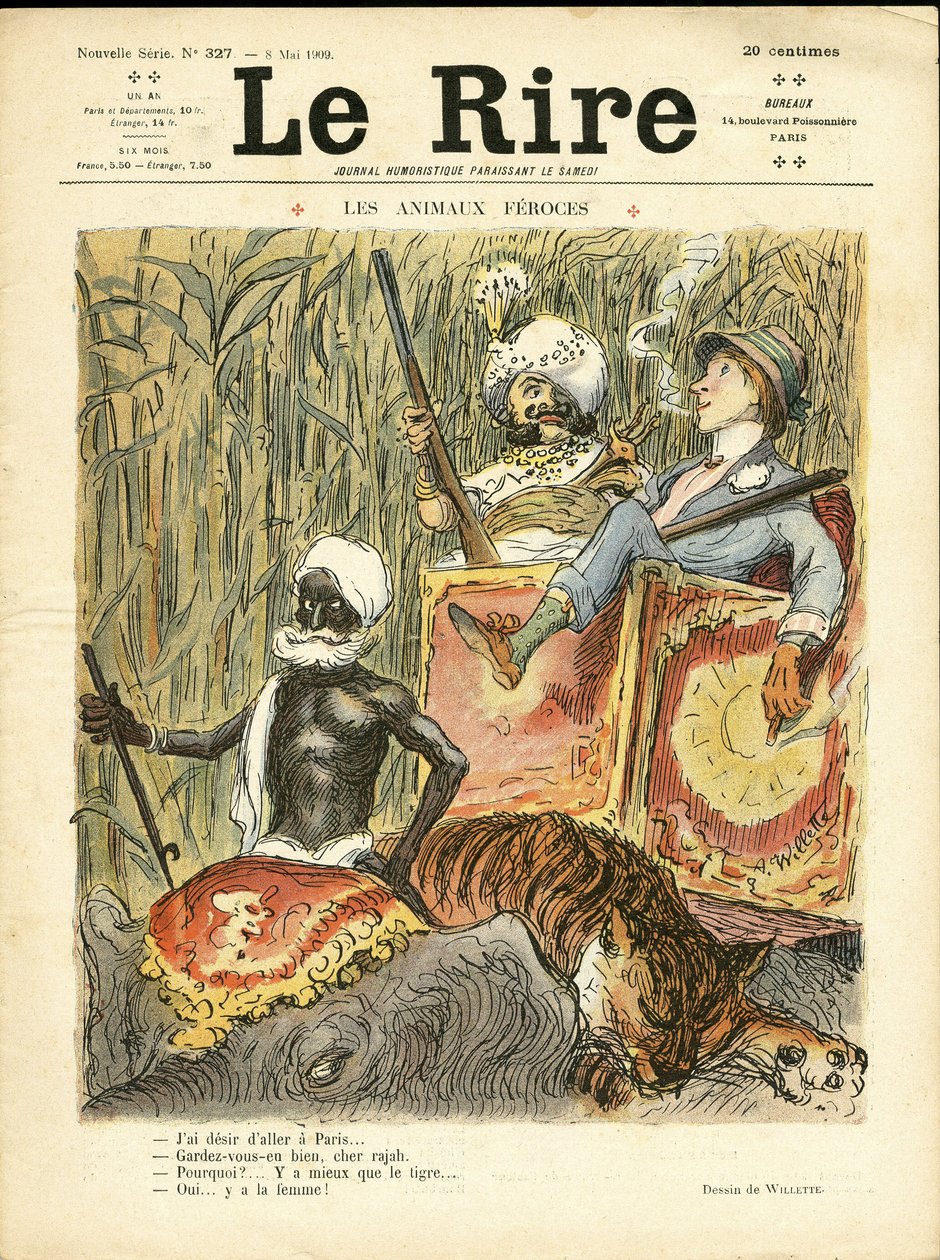 Illusztráció: Adolphe dit Willette (1857-1926) a The Laughter borítójához, 09.08.05 - Vad állatok - Antifeminizmus, Hobbik, Vadászvadászok, India, Angol India, Állatok - Elefánt, Nők, Tigris alkotó: Adolphe Leon Willette