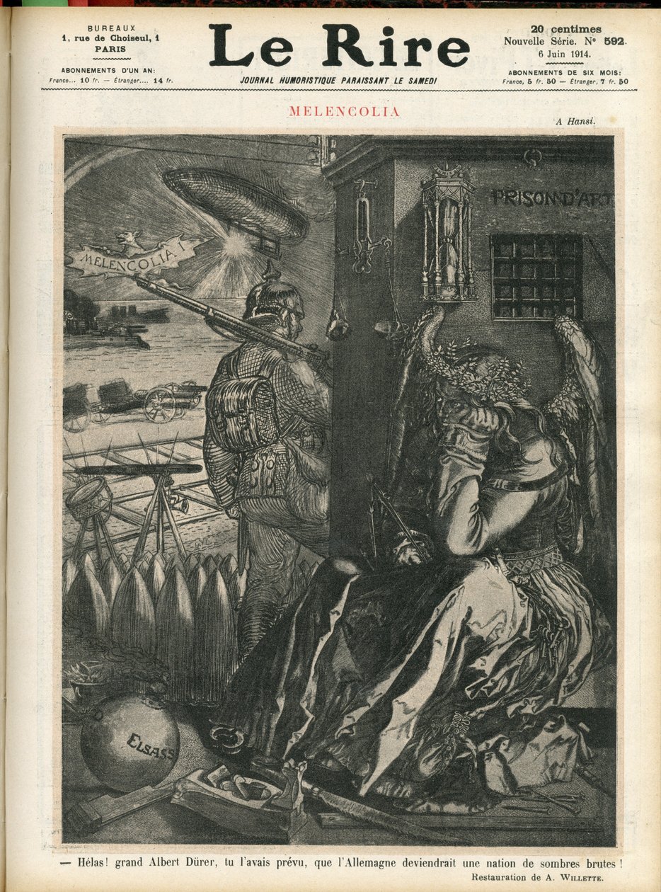 Illusztráció Adolphe dit Willette-ről (1857-1926) a Le Lire borítójára, 06/06/14 - "" Helas, nagy Albert Durer, azt jósoltad, hogy Németország a sötét vadállatok országa lesz! "" - Melankólia - Háború, Németország Poroszország - Durer alkotó: Adolphe Leon Willette