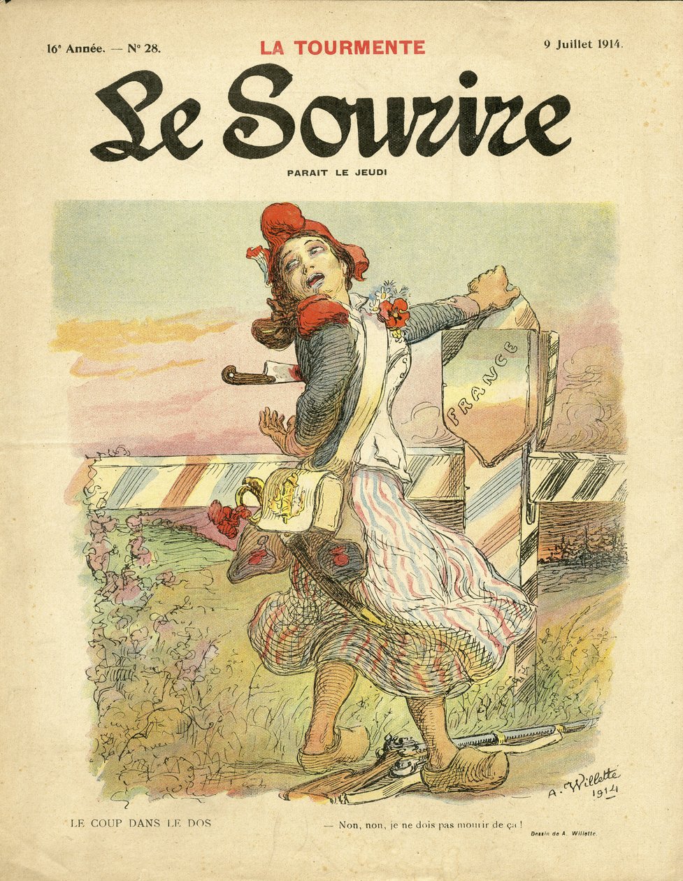 Illusztráció: Adolphe dit Willette (1857-1926) a Le Smile borítójára, 28. szám, 2014. 09. 07. - A hátba ütés - Nacionalizmus, francia forradalom, 14-18 első egerek háborúja, Határok - Marianne alkotó: Adolphe Leon Willette