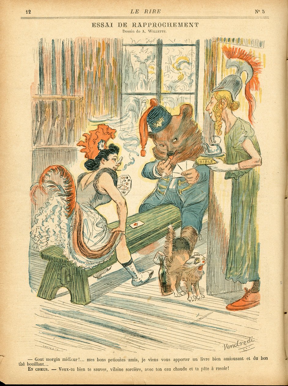 Nevetés, szatirikus színekben: Tie de közeledés - Kártyajáték - Marianne, Medve, Albion Britania - Illusztráció: Adolphe (Willette) (1857-1926) alkotó: Adolphe Leon Willette