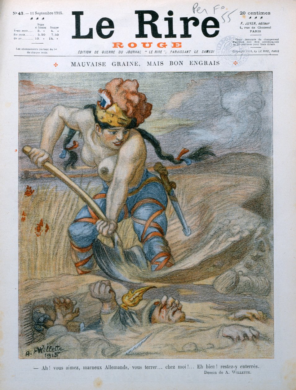 Marianne német katonákat temet a Marne-árokban, karikatúra a „Le Rire Rouge” magazinból, 1915. szeptember 11. alkotó: Adolphe Leon Willette
